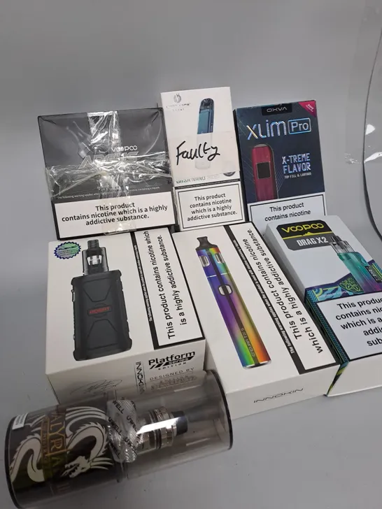 BOX OF APPROXIMATELY 15 ASSORTED E-CIGARATTES TO INCLUDE VAPEROSSO , ASPIRE, INNOKIN ETC.