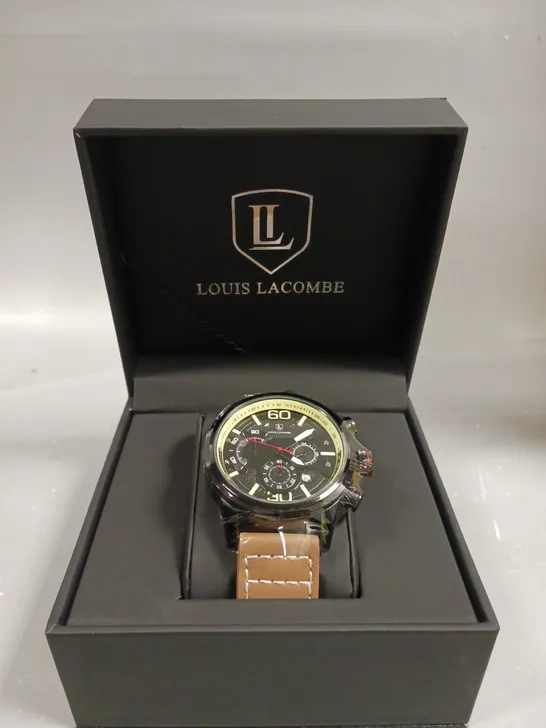 MENS LOUIS LACOMBE CHRONGRAPH WATCH – 3 SUB DIALS – BLACK CASE – LEATHER STRAP