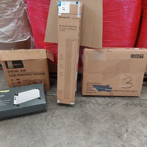PALLET OF ASSORTED ITEMS INCLUDING: DIESEL AIR CAR PARKING HEATER, CONVECTOR HEATER, 36" SMART TOWER FAN, 4 PANEL PET GATE, PET BED