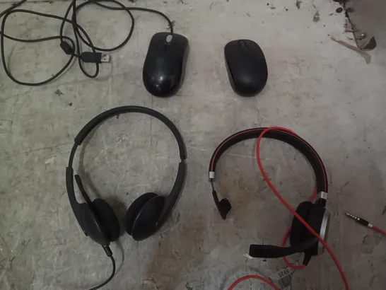 BOX OF ASSORTED HEADSETS & COMPUTER MICE