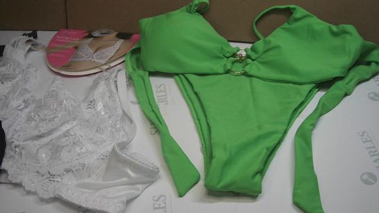 LOT OF APPROX 6 ASSORTED CLOTHING ITEMS OF VARYING STYLE/SIZE/COLOUR TO INCLUDE: BODY STOCKING, BRIGHT GREEN BIKINI, WHITE FULL CUP LACE UNDERWIRED BRA