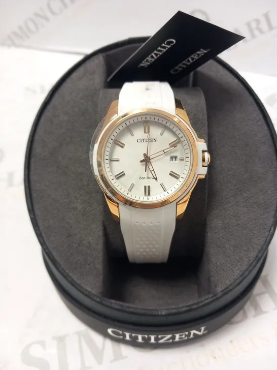 BOXED CITIZEN ECO DRIVE WHITE STRAP WRIST WATCH