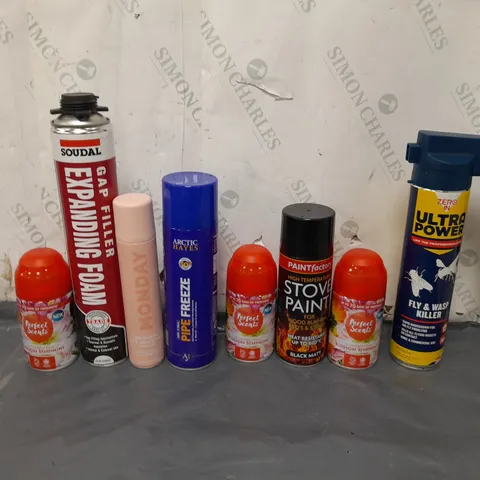 APPROXIMATELY 12 ASSORTED AEROSOLS TO INCLUDE AIR FRESHENER, STOVE PAINT, AND FLY AND WASP KILLER ETC. 