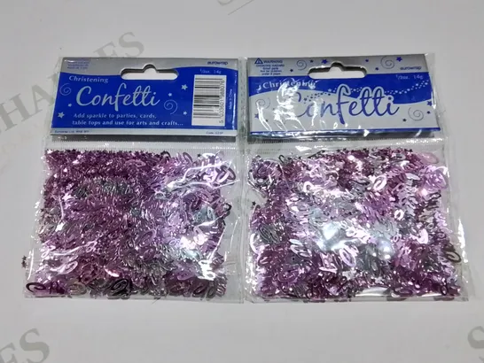 LOT OF 144 BRAND NEW 14G PACKS OF CHRISTENING CONFETTIIN PURPKE/SILVER - 12 PACKS CONTAINING 12 PIECES