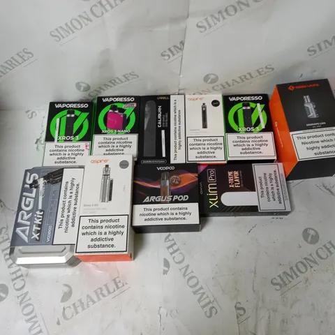 BOX OF APPROXIMATELY 10 ECIG PRODUCTS TO INCLUDE CALIBURN, VAPORESSO, ASPIRE