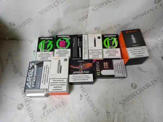 BOX OF APPROXIMATELY 10 ECIG PRODUCTS TO INCLUDE CALIBURN, VAPORESSO, ASPIRE