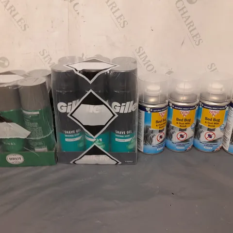 APPROXIMATELY 12 ASSORTED AEROSOLS TO INCLUDE BRUT DEODRANT, GILLETTE SHAVING GEL, AND BED BUG SPRAY ETC. 