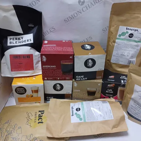 LOT OF APPROXMATELY 11 ITEMS TO INCLUDE AMERICANO DOLCE GUSTO CAPSULES (16x), TEAPIGS PEPPERMINT LEAVES, PERKY BLENDERS FOREST BLEND (200g), ETC