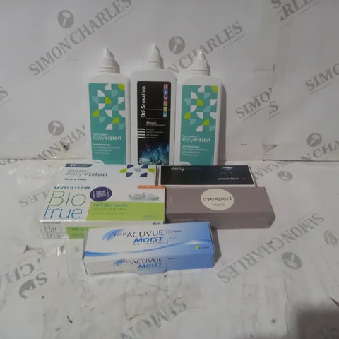 BOX OF APPROXIMATELY 30 ASSORTED CONTACT LENSES AND EYE TREATMENT TO NCLUDE EASY VISION, EYE EXPERT AND BIO TRUE