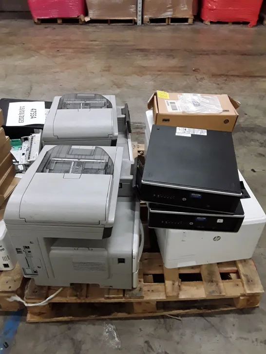 PALLET OF ASSORTED OFFICE EQUIPMENT INCLUDING PRINTERS, DESKTOPS AND ROUTE