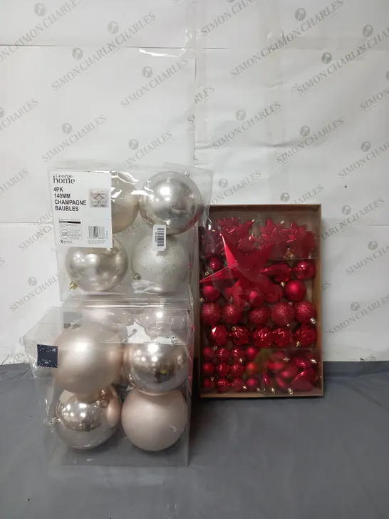 LOT OF 4 PACKS OF CHRISTMAS BY GEORGE HOME BAUBLES. VARIOUS COLOURS AND SIZES