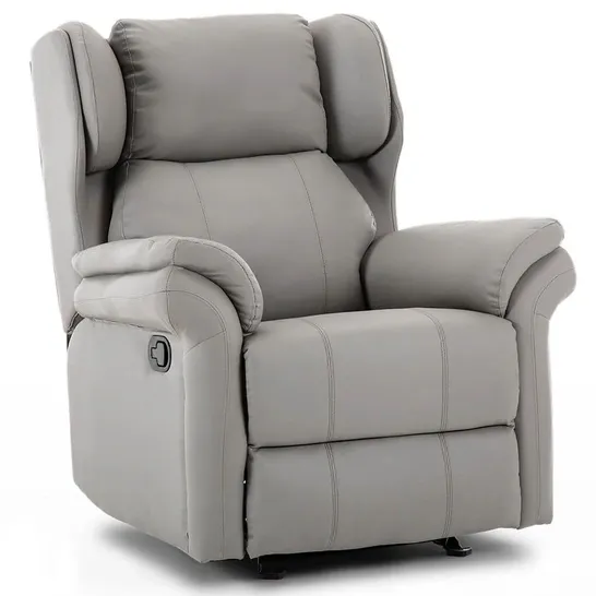 BOXED DESIGNER GREY LEATHER POWER RECLINING EASY CHAIR (2 BOXES)