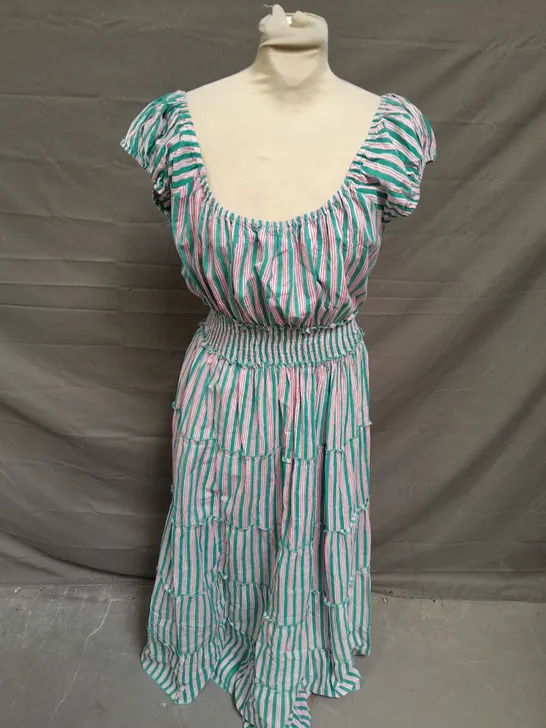 PINK CITY PRINTS TIERED SHIRRED MIDAXI DRESS IN PINK/GREEN STRIPE SIZE S