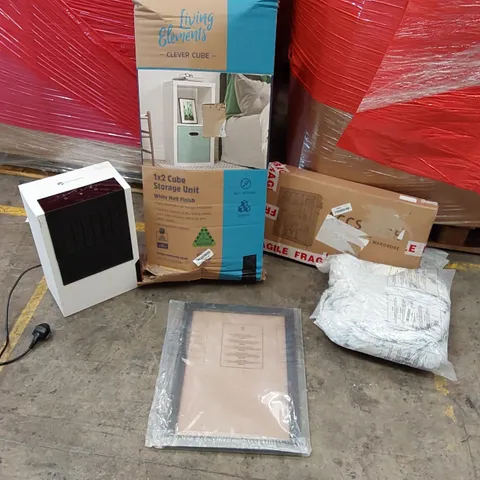 PALLET OF ASSORTED ITEMS INCLUDING: DR.PREPARE DEHUMIDIFIER, CLEVER CUBE STORAGE UNIT, FABRIC WARDROBE, PET BED, PICTURE FRAME