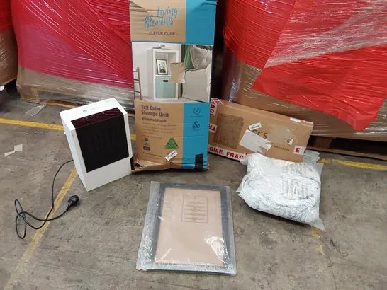 PALLET OF ASSORTED ITEMS INCLUDING: DR.PREPARE DEHUMIDIFIER, CLEVER CUBE STORAGE UNIT, FABRIC WARDROBE, PET BED, PICTURE FRAME