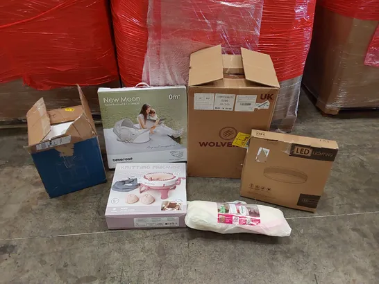 PALLET OF ASSORTED ITEMS INCLUDING: AIR FRYER, WOLVERINE PAPER SHREDDER, LED CEILING LIGHT, TRAVEL BASSINET AND SLEEPER, KNITTING MACHINE, KIDS PLAY TENT