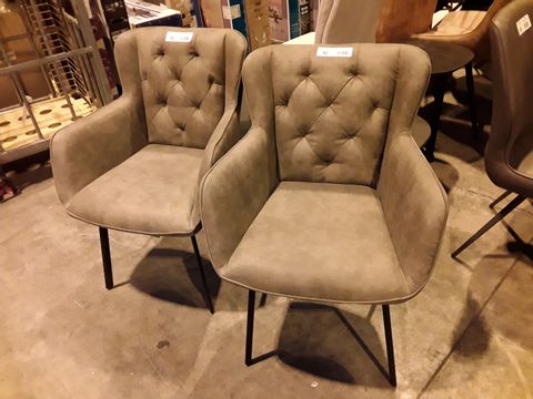 PAIR OF DESIGNER GREY FAUX LEATHER UPHOLSTERED BUTTONED BACK DINING ARMCHAIRS 