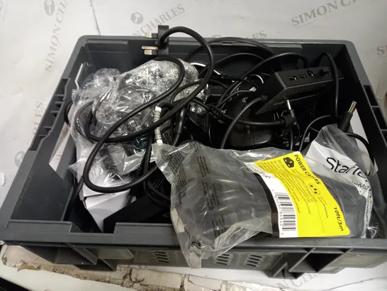 LARGE QUANTITY OF ELECTRICALS & ELECTRICAL CABLES OF VARIOUS TYPES TO INCLUDE WIRED MOUSE, HP LAPTOP CHARGER, POWER ADAPTERS, ETC