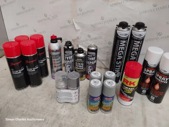 TOTE OF ASSORTED AEROSOLS INCLUDING ALLOY WHEEL CLEANER, MEGA STIK, SPRAY ADHESIVE GREY PRIMER, PUNCTURE REPAIR.