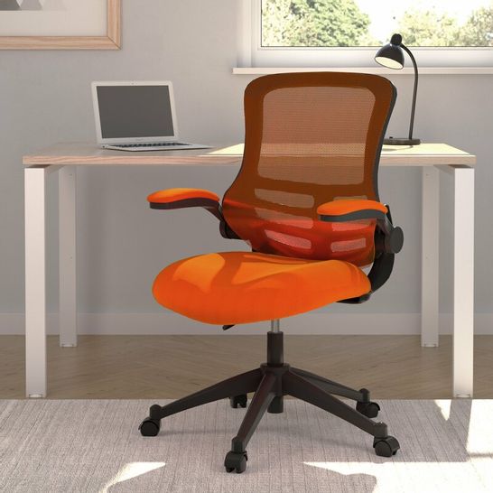 BOXED MARLOS MESH BACK OFFICE CHAIR WITH FOLDING ARMS ORANGE UPHOLSTERY 