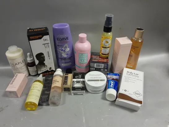 BOX OF APPROXIMATELY 15 COSMETIC ITEMS TO INCLUDE LOREAL CONDITIONER, SANCTUARY SPA BODY WASH, OLAPLEX CONDITIONER , ETC