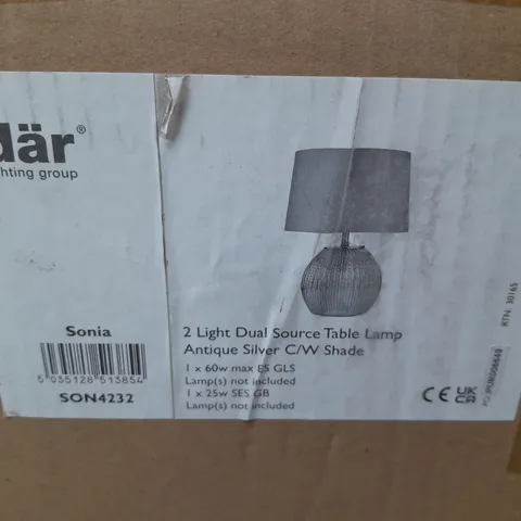 BOXED DAR LIGHTING SONIA 2-LAMP DUAL SOURCE TABLE LAMP - ANTIQUE SILVER