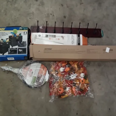 PALLET OF ASSORTED ITEMS INCLUDING KUNZO FOLDABLE STORAGE CART, HOOK RAIL, SELF WRINGING MAGIC MOP, AUTUMNAL WREATH, GIOVARA PVC CHAIR MAT, FRYING PAN, RABBITGOO WINDOW FILM