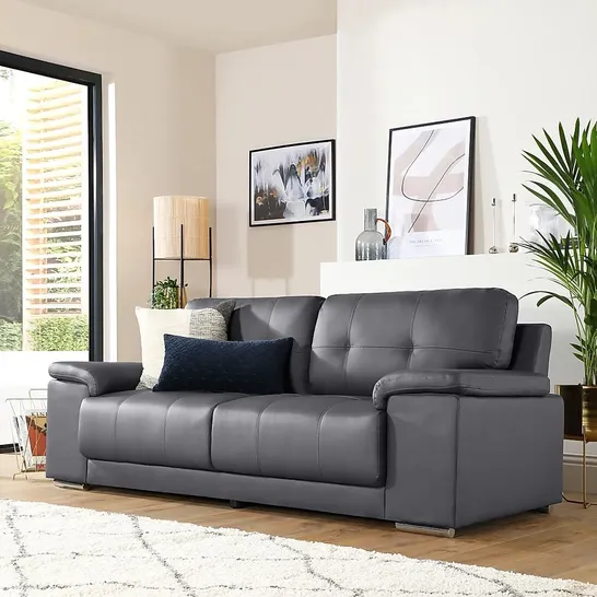 BOXED DESIGNER GREY KANSAS LEATHER FIXED THREE SEATER SOFA