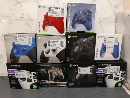 10 ASSORTED BOXED XBOX CONTROLLERS IN VARIOUS COLOURS AND TYPES TO INCLUDE MICROSOFT, THRUSTMASTER, VICTRIX, ETC