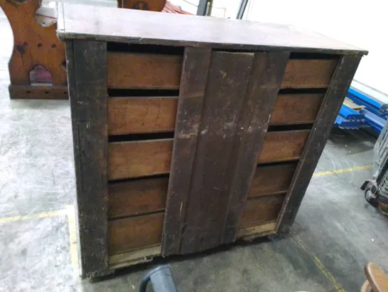 ANTIQUE TWO OVER FOUR DARK WOOD CHEST OF DRAWERS WITH BUN HANDLES