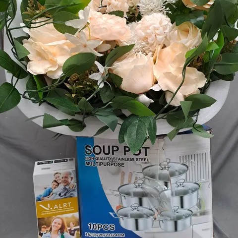 BOX OF APPROXIMATELY 5 ASSORTED ITEMS TO INCLUDE FLOWER DÉCOR, SOUP POT, ALRT ETC