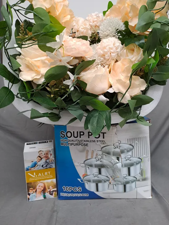 BOX OF APPROXIMATELY 5 ASSORTED ITEMS TO INCLUDE FLOWER DÉCOR, SOUP POT, ALRT ETC