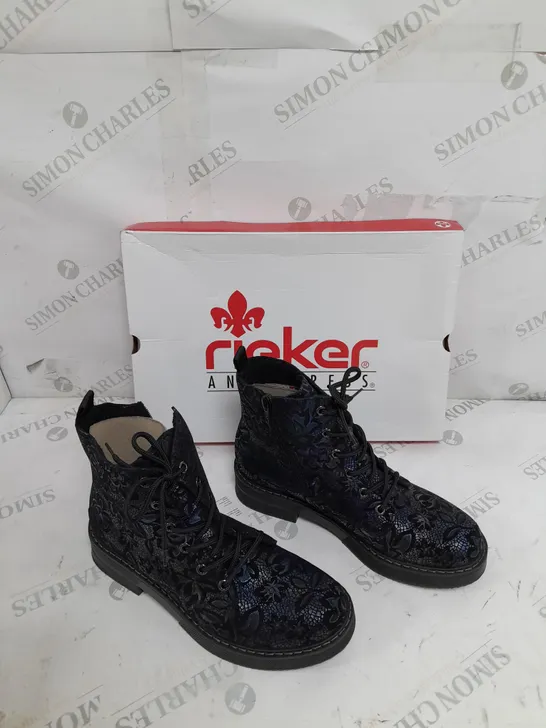 BOXED PAIR OF REIKER LACE UP BOOTS IN NAVY - SIZE 5