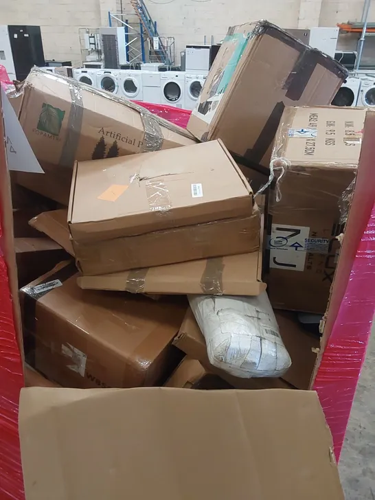 PALLET OF ASSORTED HOUSEHOLD ITEMS AND CONSUMER PRODUCTS TO INCLUDE; ARTIFICIAL PLANT, AIRFRYER, TOILET SEAT, BOXED FURNITURE ETC 