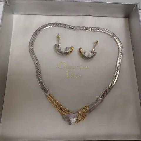 CHRISTIAN DIOR NECKLACE AND CLIP ON EARRING SET - SILVER AND GOLD EFFECT