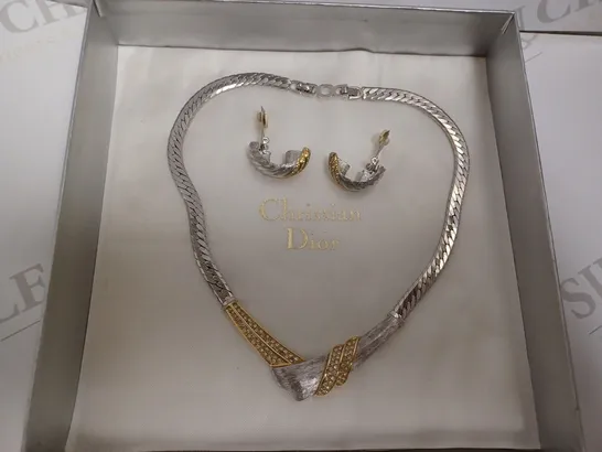 CHRISTIAN DIOR NECKLACE AND CLIP ON EARRING SET - SILVER AND GOLD EFFECT