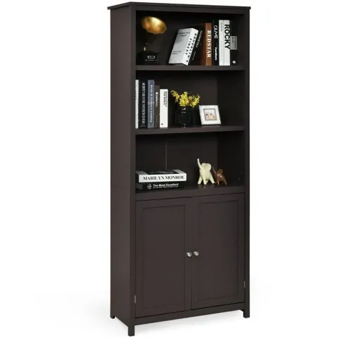 BOXED WOODEN TALL BOOKCASE WITH 3-TIER STORAGE CABINET - COFFEE