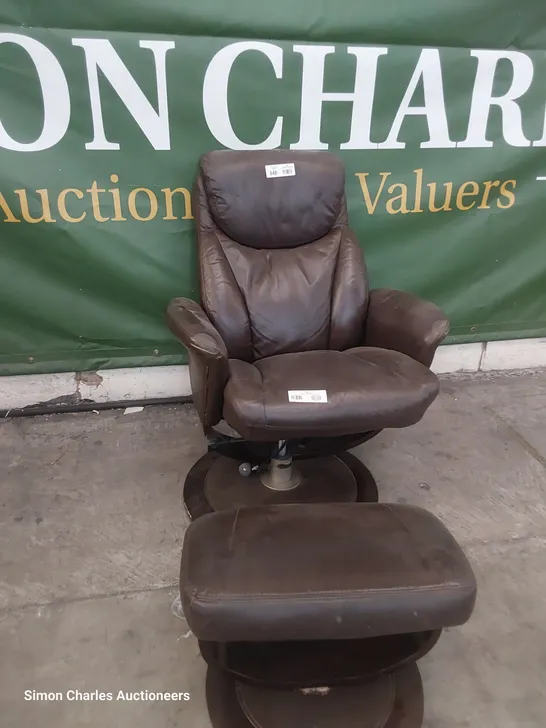 DESIGNER LAZYBOY POWER RECLINING SWIVEL CHAIR & FOOTSTOOL BROWN LEATHER 