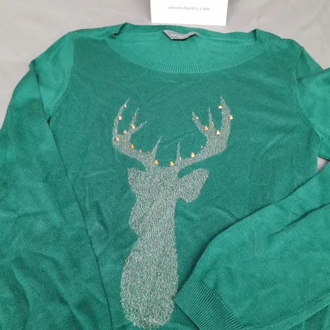 RUTH LANGSFORD LADIES GREEN SEQUINED CHRISTMAS JUMPER SIZE M
