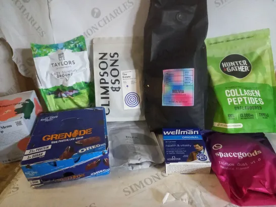 BOX OF APPROX 8 ASSORTED PRODUCTS TO INCLUDE COLLAGEN PEPTIDES, TAYLORS GROUND COFFEE, GRENADE OREO PROTEIN BARS, ETC 