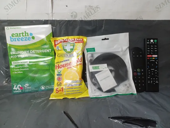 BOX OF APPROXIMATELY 14 ASSORTED ITEMS TO INCLUDE - EARTH BREEZE LAUNDRY DETERGENT , SKY REMOTE , HOUSEHOLD SURFACE WIPES ETC