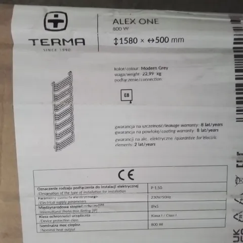 BOXED TERMA ALEX ONE 800W TOWEL RAIL 1580 × 500mm MODERN GREY