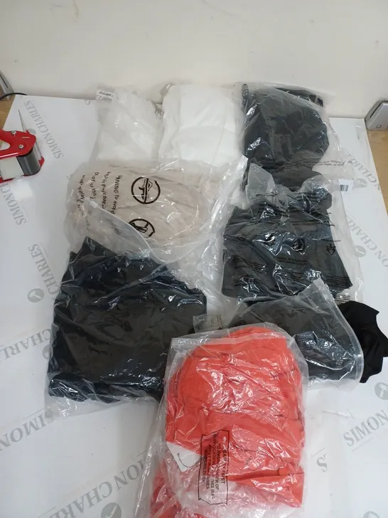 LARGE BOX OF ASSORTED CLOTHING ITEMS IN VARIOUS COLOURS AND SIZES INCLUDING TROUSERS , TOPS AND JUMPERS 