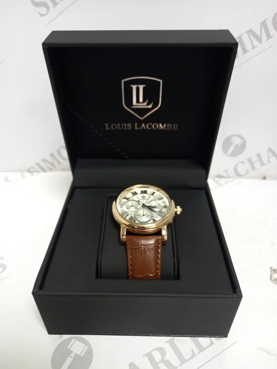 MENS LOUIS LACOMBE CHRONOGRAPH WATCH – MULTI FUNCTION DIAL WITH DATE – ROMAN NUMERAL DIAL – LEATHER STRAP 