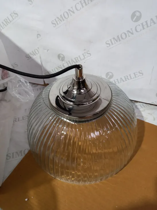 LOT OF 2 ASSORTED LIGHTING ITEMS TO INCLUDE YAMBOL NICKEL FINISH PENDANT WITH RIBBED GLASS SHADE AND TARTAN DETAIL LIGHT SHADE