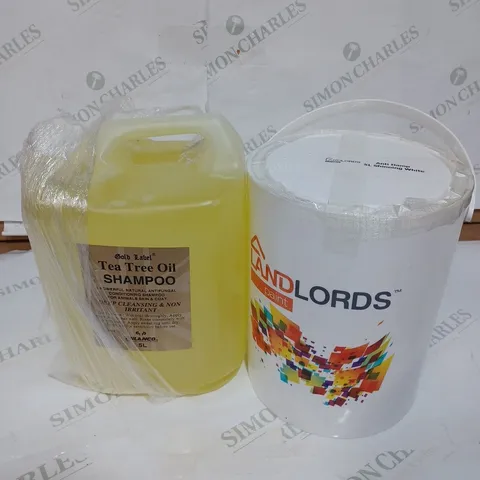 LOT OF 2 ITEMS TO INCLUDE GOLD LABEL TEA TREE OIL SHAMPOO - 5L, LANDLORDS ANTI DAMP SHINNING WHITE PAINT - 5L