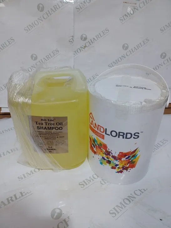 LOT OF 2 ITEMS TO INCLUDE GOLD LABEL TEA TREE OIL SHAMPOO - 5L, LANDLORDS ANTI DAMP SHINNING WHITE PAINT - 5L