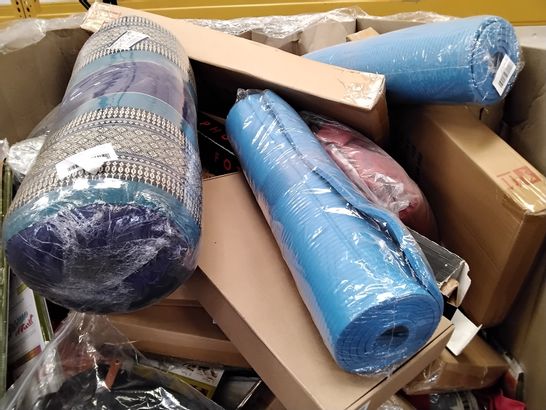 PALLET OF ASSORTED ITEMS INCLUDING, YOGA MATS, YOGA BOLSTER CUSHIONS, FABRIC CUTTING DIES, DIAPERBAGS,