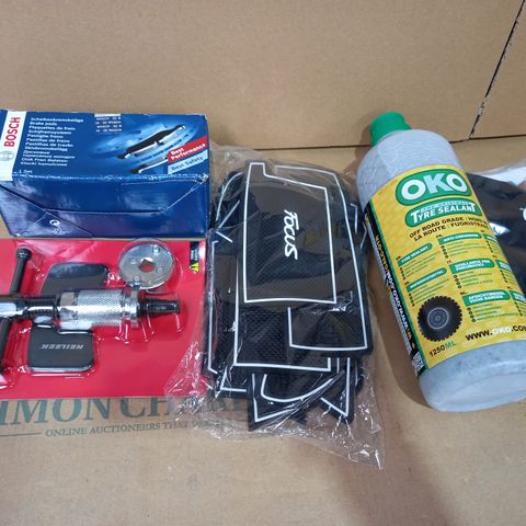 LOT OF APPROXIMATELY 5 ASSORTED VEHICLE PARTS/ITEMS TO INCLUDE OKO TYRE SEALANT, BOSCH BRAKE PADS, NEILSEN BRAKE CALIPER PISTON TOOL, ETC