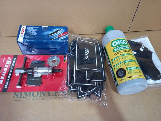 LOT OF APPROXIMATELY 5 ASSORTED VEHICLE PARTS/ITEMS TO INCLUDE OKO TYRE SEALANT, BOSCH BRAKE PADS, NEILSEN BRAKE CALIPER PISTON TOOL, ETC